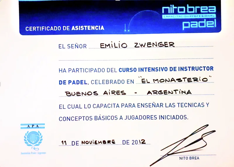 Padel Instructor certificate, 2012