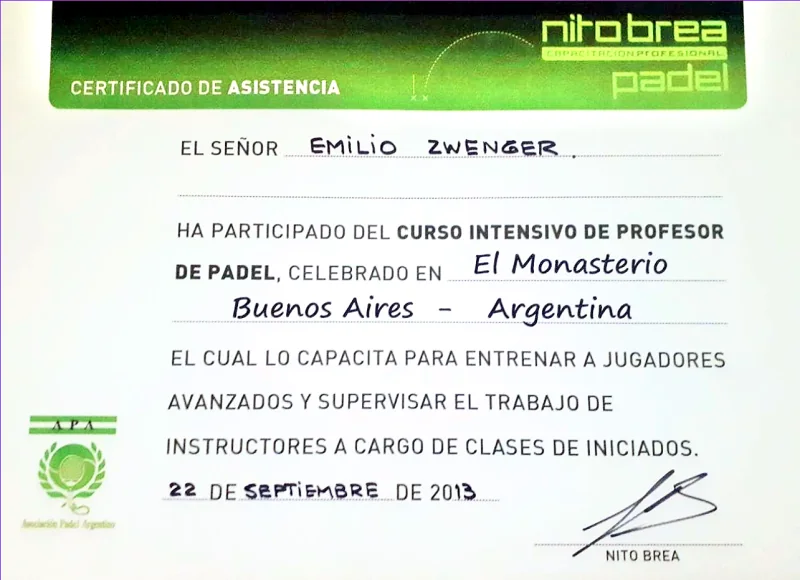 Padel Professor certificate, 2013