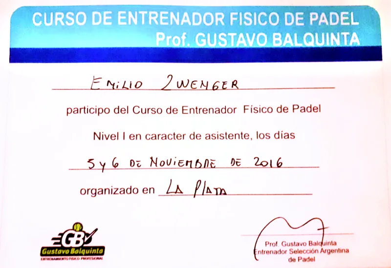 Padel Fitness Coach, Level I certificate, 2016